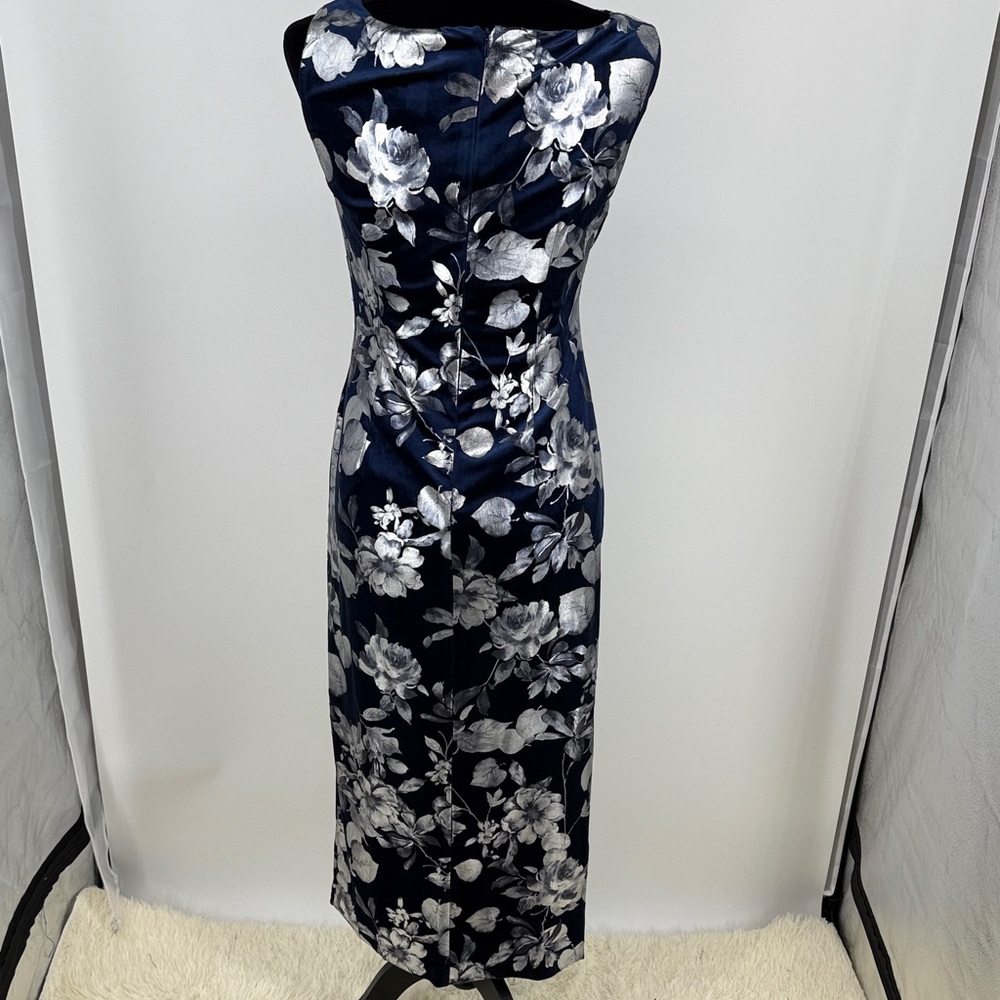 Adrianna Papell asymmetric foil velvet Floral Navy front slit  Dress size 4P - Picture 8 of 10
